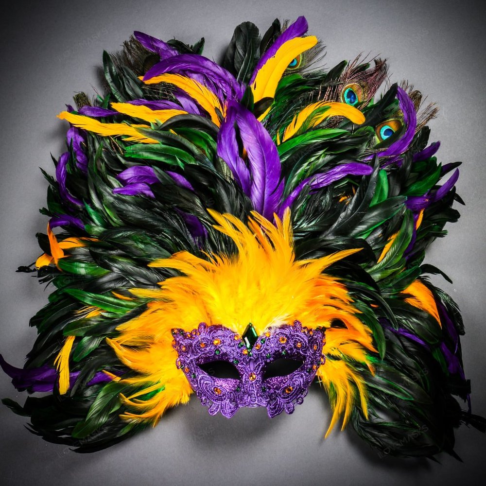 Luxury Women Carnival Masquerade Ball Mardi Gras Large Top Feather Venetian Mask